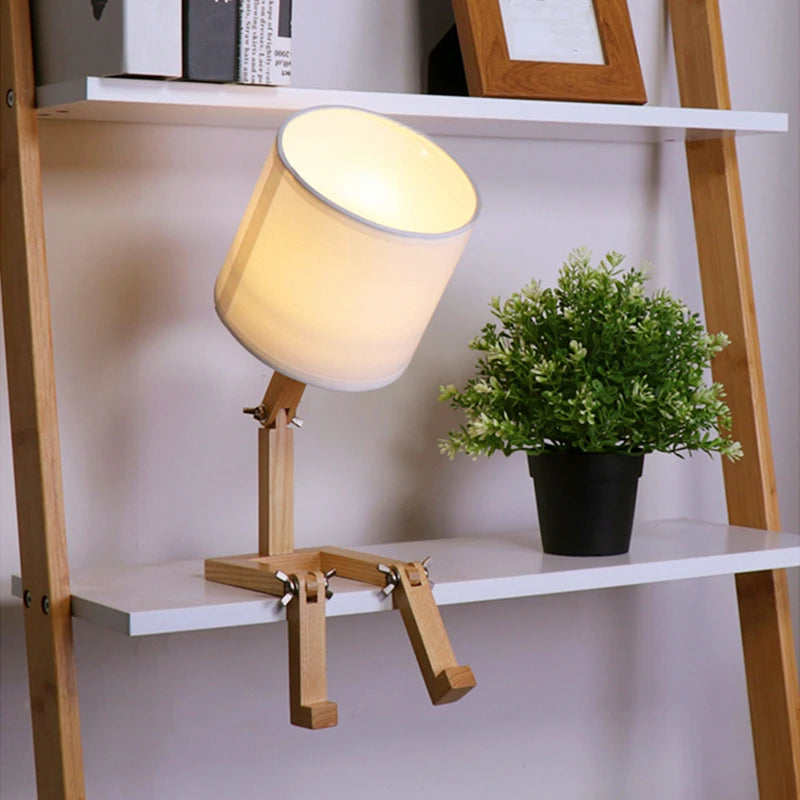 Nordic Wooden Robot LED Table Lamps Novelty E27 Fabric Bedside Art Desktop Lamp Childern Bedroom Decor Reading Book Night Lights