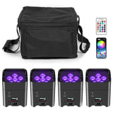 4-Pack 6x18W 6-in-1 RGBAW+UV Wireless Par Lights with Carrying Bag - DMX, Remote & WiFi LED Stage Lighting for DJ, Bar & Party