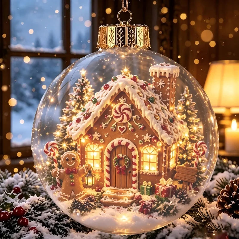 Acrylic Christmas Bell Ornament Decoration 3D Snow Globe Santa Snowman Ball Hanging Xmas Tree Pendant Christmas Party Decoration