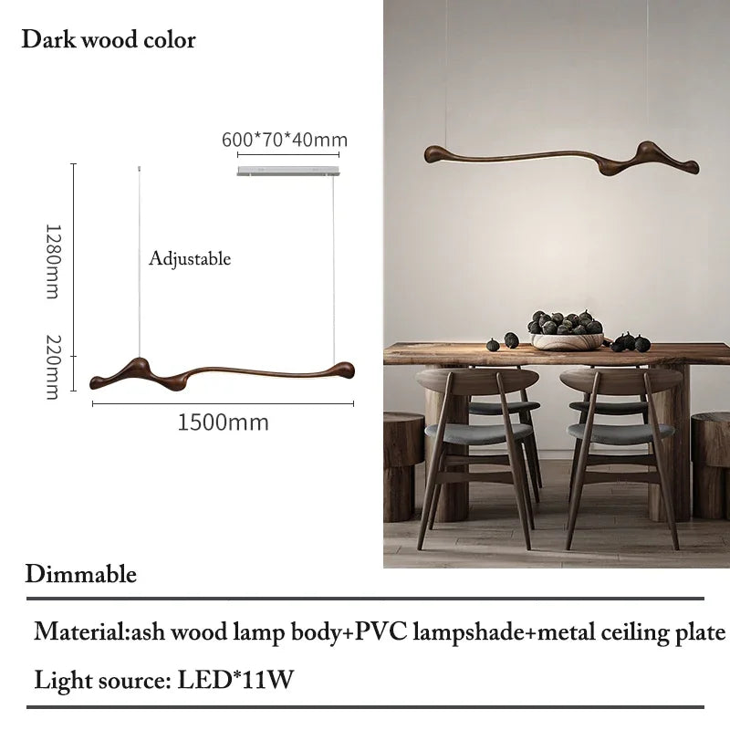 Linear Solid Wood Pendant Light with a Gentle Curve Dimmable LED Chandelier in 3 Wood Colors for Kitchen Island Dining Room