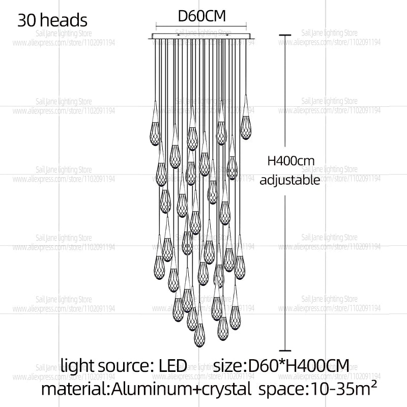 Modern Luxury Crystal Chandelier Hanging Staircas Water Droplet Pendent Lamp Villa Living Room Ceiling Light Attic Pendant Light