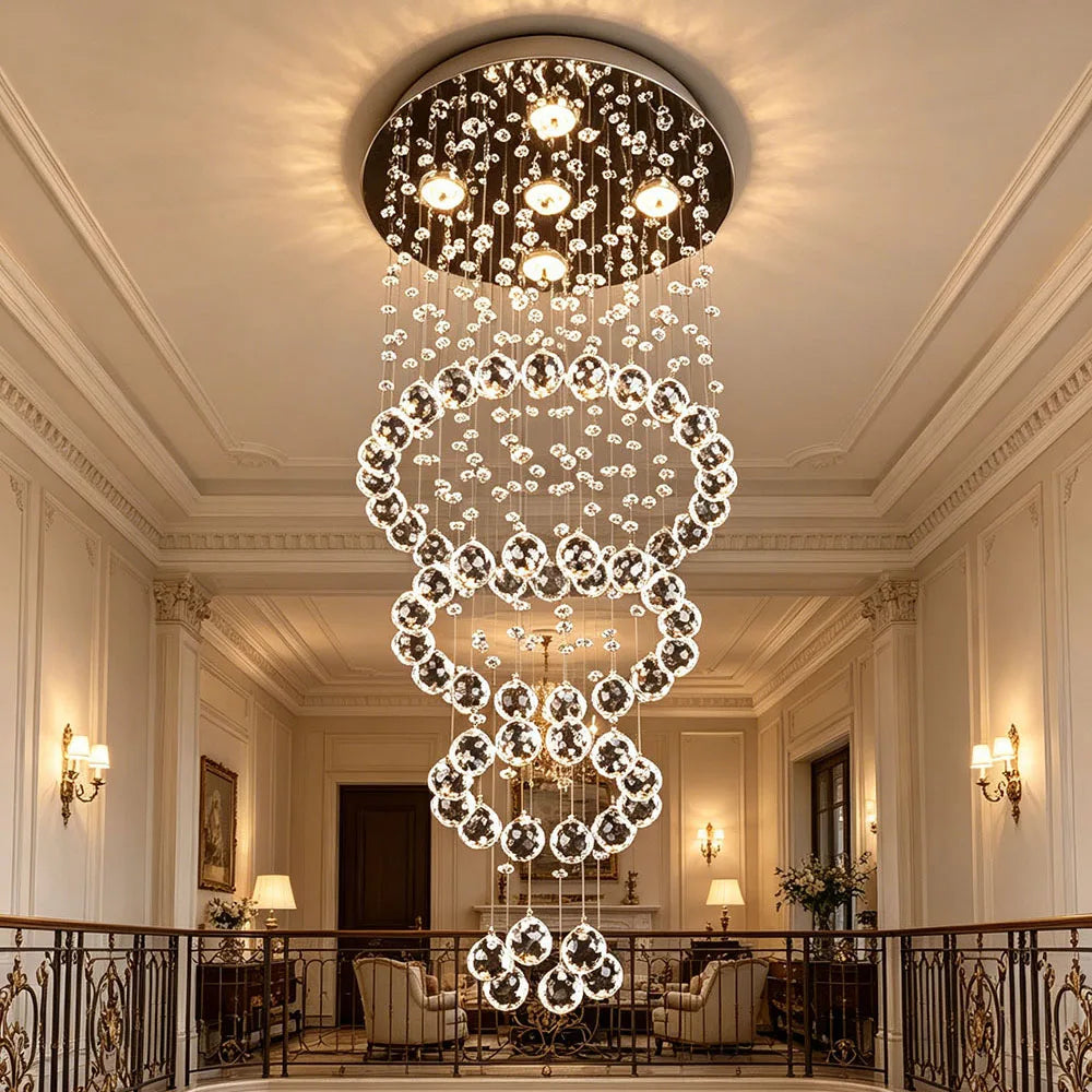 Multi Layer Waterfall Crystal Chandelier Round Ceiling Mount Pendant Light For Staircase Villa Hall Luxury Decor Fixture