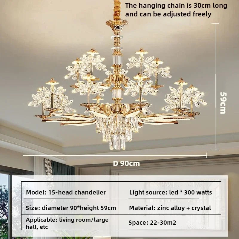 American Luxury Flower Chandelier Foyer Lustre K9 Crystal Pendant Lights French Living Dining Room Home Decor Led Lamparas Lamp