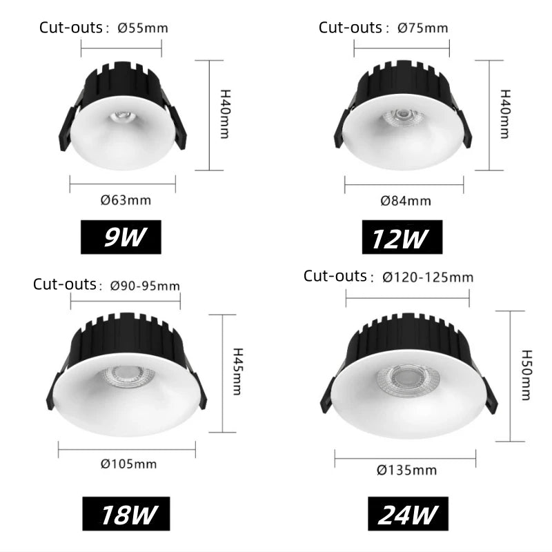 Curved Anti-Glare LED Recessed Downlight - 9W / 12W Dimmable Ceiling Spot