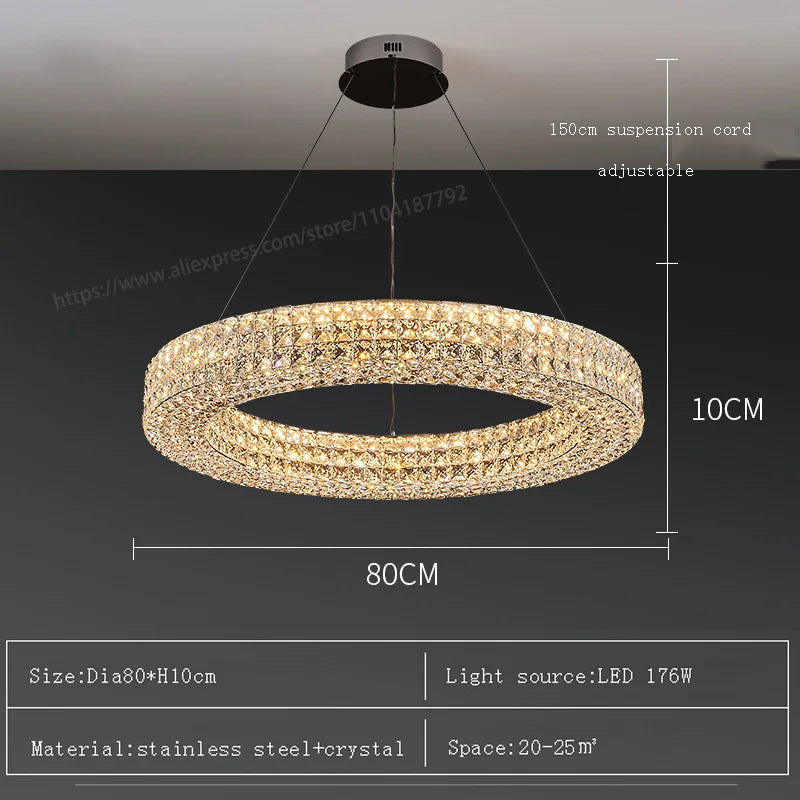 Round Crystal Chandelier Home Decoration Hanging Lamp Living Dinning Room Modern Crystal Pendant Light Kitchen Dimmable LED Lamp