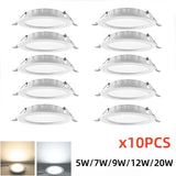 10PCS LED Downlight Recessed Ceiling Lamp 7W 9W 12W 20W Two-color White/Warm White Led Spotlight AC 220V