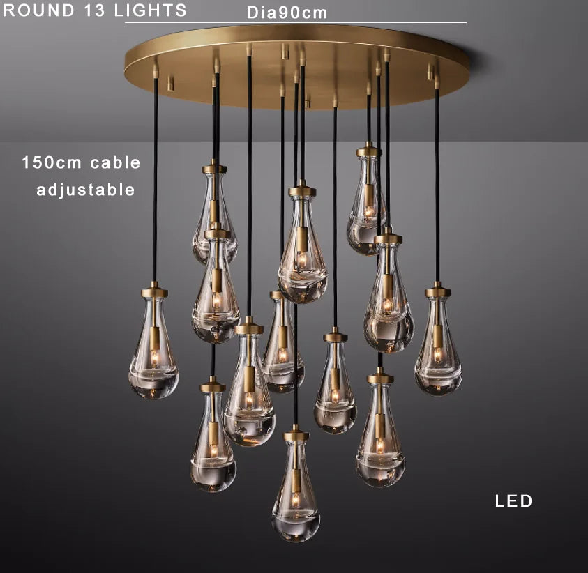 Modern Raindrop Pendant Light Lamp Luxury Round Brass High Ceiling Glass Lampshape Chandelier For Living Room Dining Room Stairs
