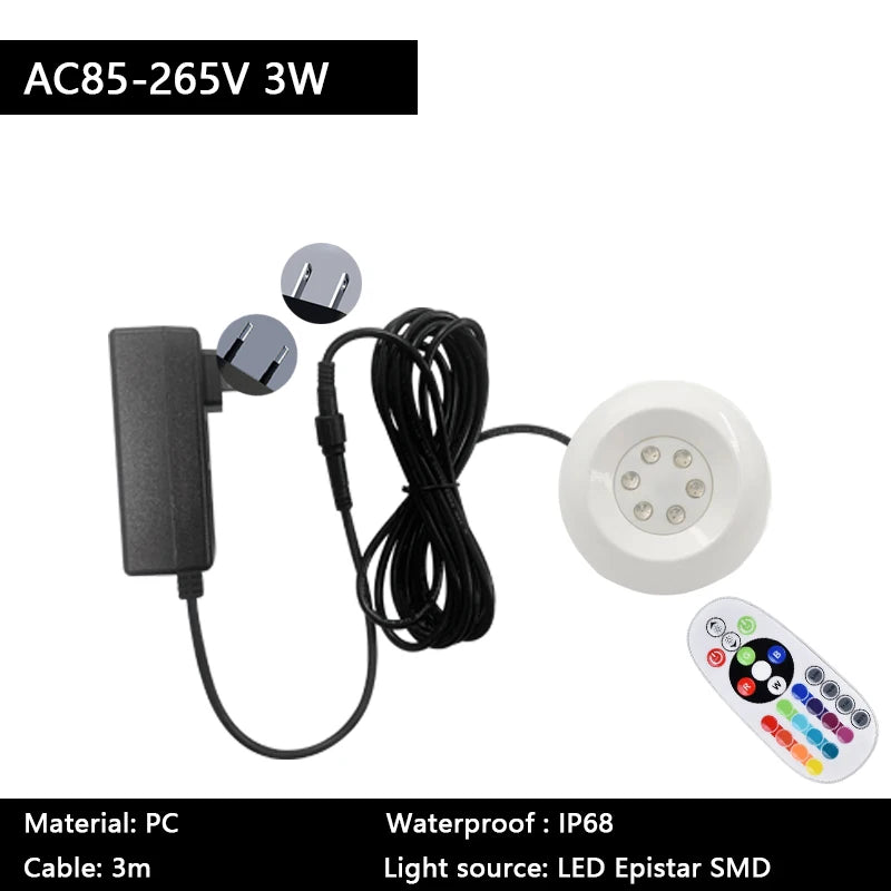 Pool Light with EU/US Plug IP68 Waterproof Small Size White Round 95mm 3/6/10W Underwater RGB Multicolor Swimming Bath Spa Lamp