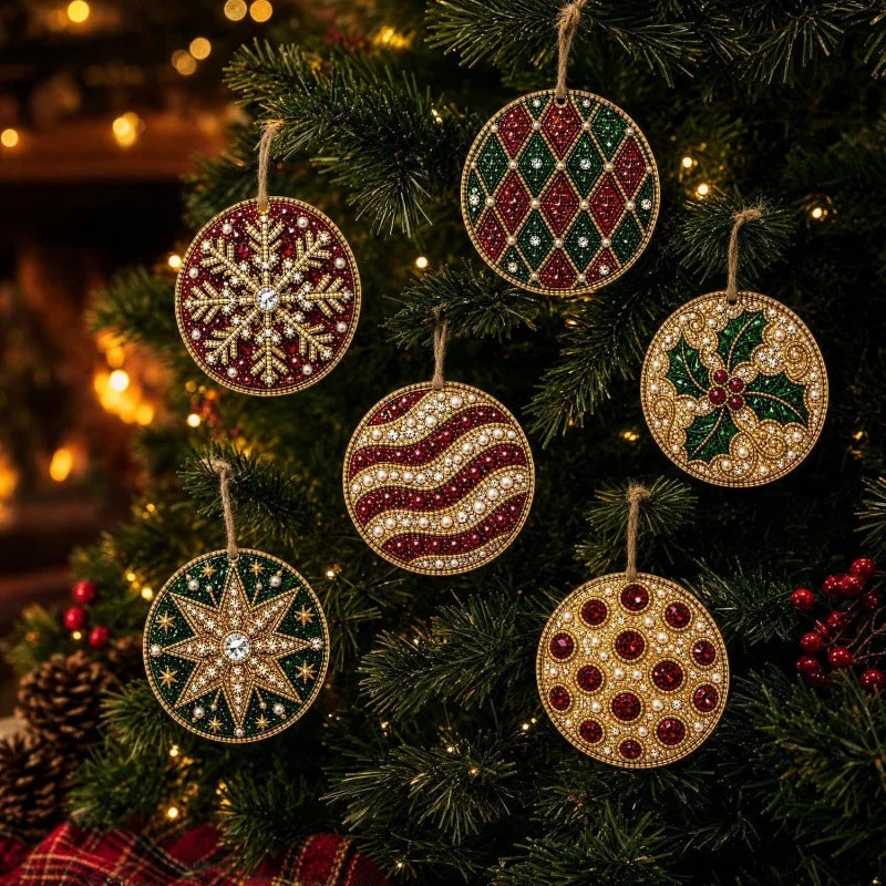 6Pcs Wooden Christmas Decoration DIY Pearl Art Kits for Adults, Xmas Tree Crafts Hanging Ornament Kit with Beads, Gems & Twine