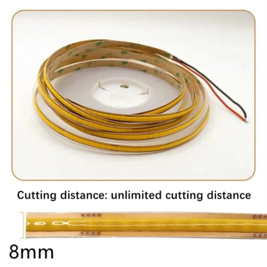 DC 12V/24V High-Density 8mm COB LED Strip Light (400/528 LEDs/m, Cuttable) - Flexible Seamless Tape Light for Indoor Home Decor (0.5m–10m)