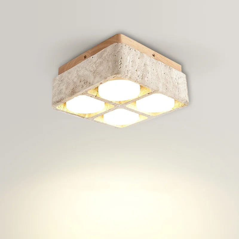 Square Yellow Travertine LED Recessed Ceiling Light - No Main Lamp Grid Spotlight Fixture for Living Room, Bedroom & Hallway