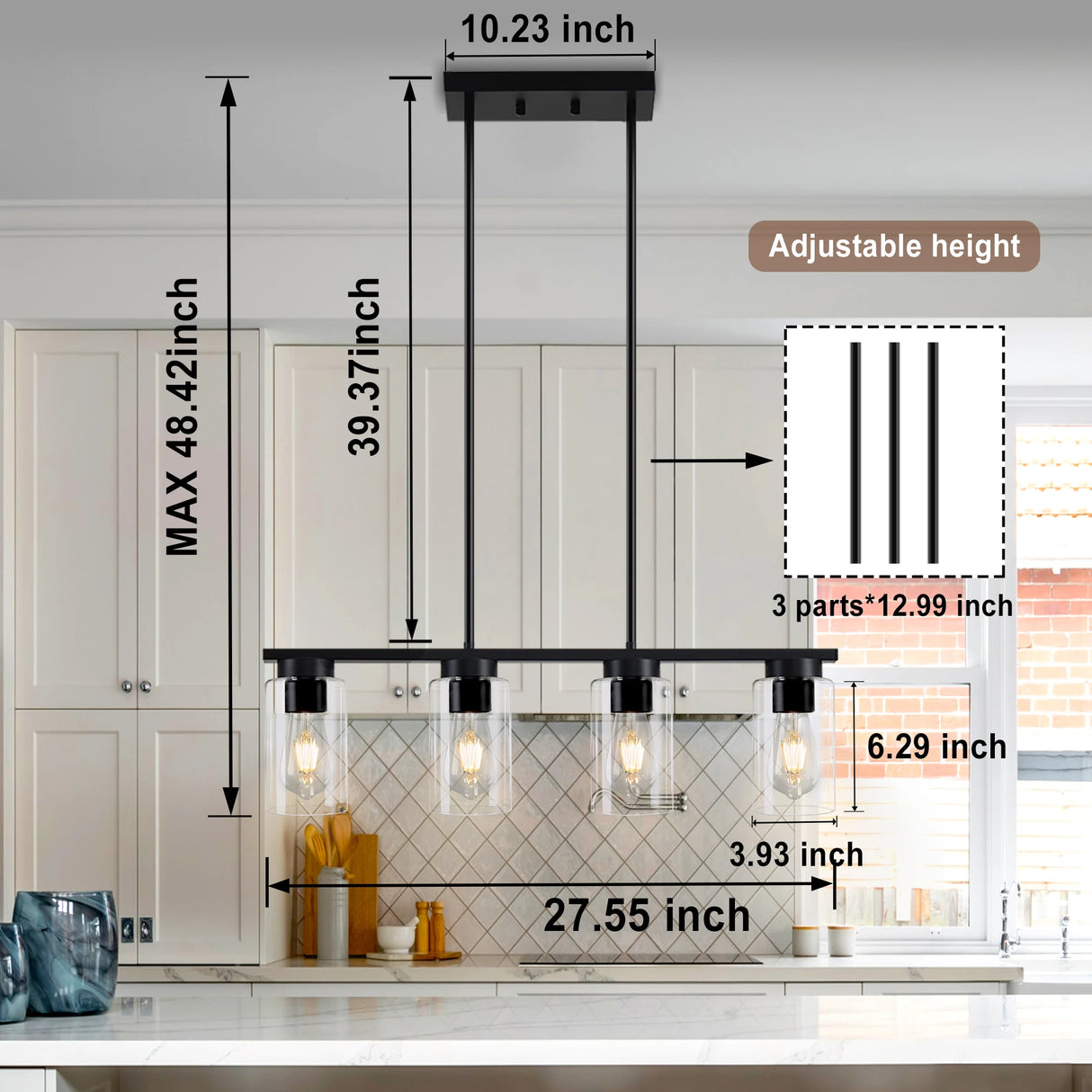 4-Light Kitchen Pendant Lighting Over Island Black Kitchen Island Lighting Height Adjustable Chandeliers for Dining Room