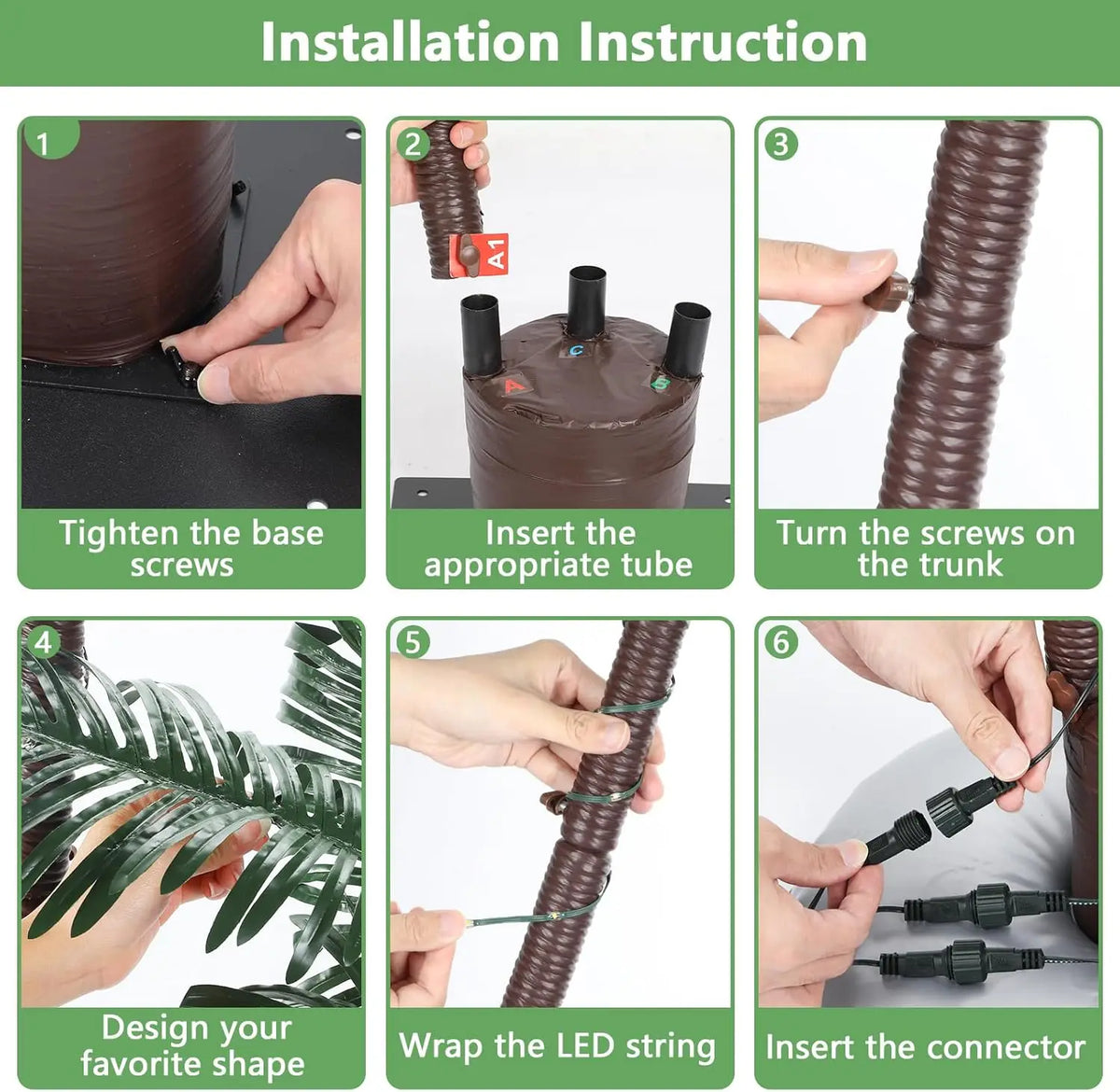 Outdoor terrace with solar powered lighting for palm trees, outdoor Christmas decoration with LED artificial tree lights