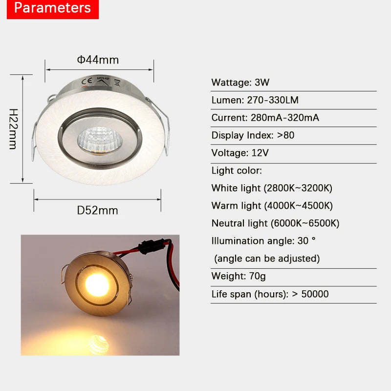  52mm 2 inch 3W LED Ceiling Spot Lights Recessed COB Mini LED Downlights DC12/24V Indoor Cabinet Lamp