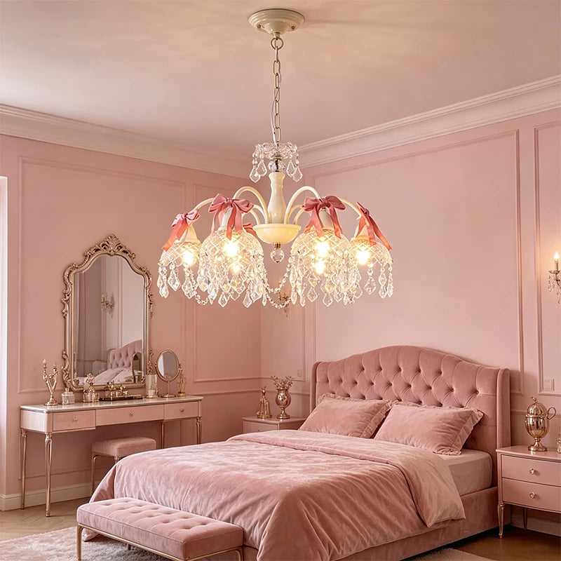 French Crystal Chandeliers Bedroom Living Room Dining Room Lamps Pink Bow Baby Room Princess Room Girl Bedroom Decor Chandelier