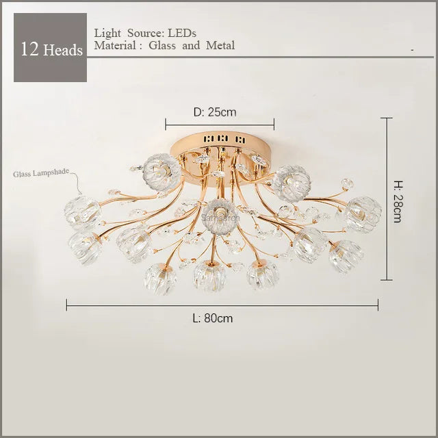 Nordic Luxury Dendritic Crystal Ceiling Lamp Glass Flower Light Shade Bedroom Restaurant Living Room LED Chandelier Bright Decors