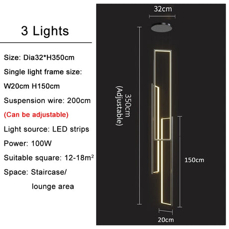 Large Modern Chandelier For Staircase Led Home Decors Hanging Lamp Black /Gold Indoor Lighting Luxury Creative Rectangle Luster's