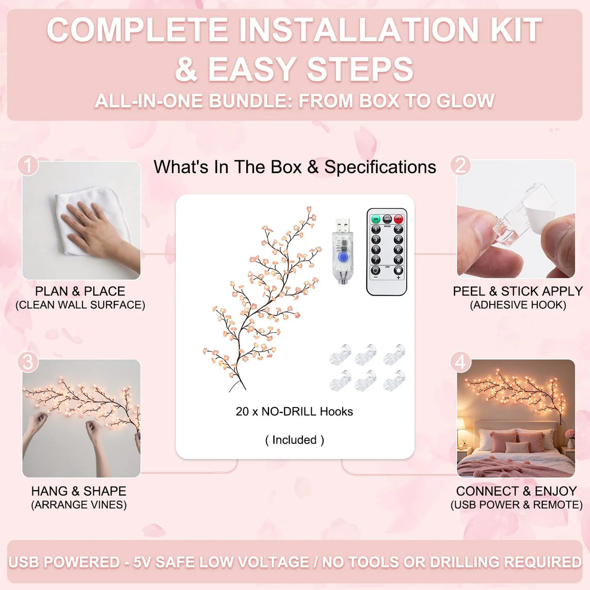 Cherry Willow Vine Lights for Kawaii Room Decor, 72LEDS Pink Cherry Blossom Tree Branch Lights for Wall, Remote Timer, 8 Modes, Bedroom Doors Wedding Christmas Decor, USB