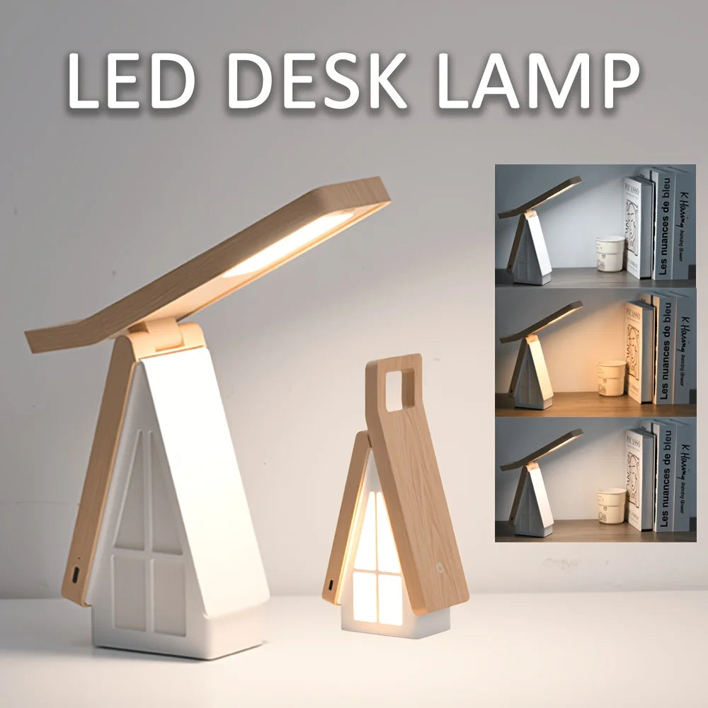Wooden House LED Desk Lamp, USB Charging Collapsible Office Reading Lamp,Bedside Light, Room Decoration Night Light Gifts