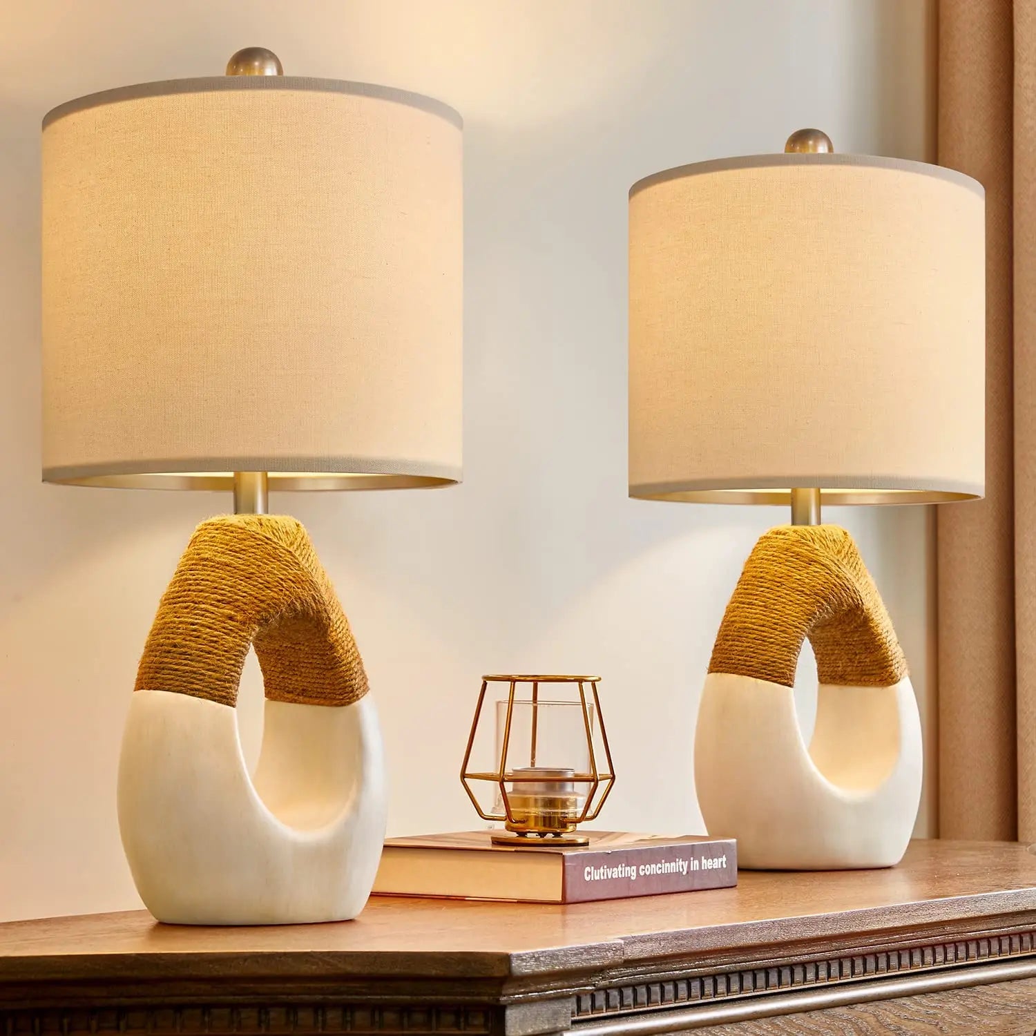 Table Lamps Bedroom Living Room Set 2 Small Farmhouse Rattan Table Lamp 19”Rustic Home Decoration Nightstand Bedside