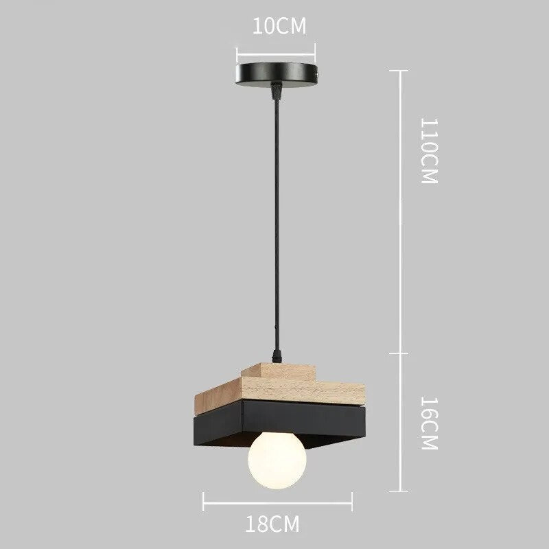 Nordic LED Wooden Pendant Light Iron 18CM Square Living Room Hanging Fixture For Bedroom Dining Room Study Home Decor Luminaires