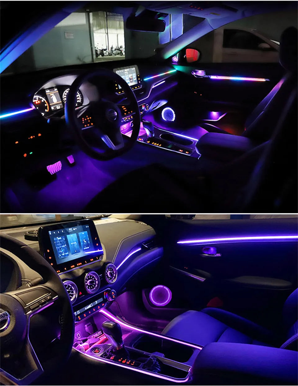 18 in 1 Zweizonen-Symphonie LED Auto Umgebungs lichter RGB 64 Farben Innen  Regenbogen Acryl streifen Neon Atmosphäre Beleuchtung Kit App