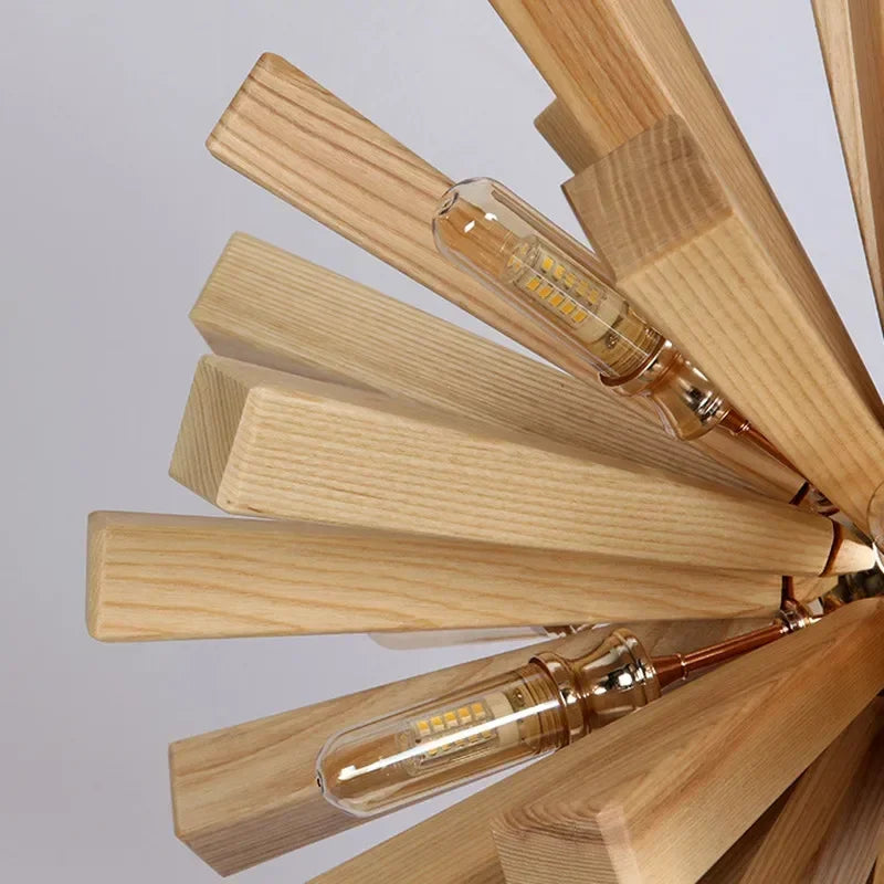 Japanese Wooden Dandelion Wabi-Sabi Pendant Light - Natural Wood Burst Ceiling Chandelier Lamp Fixture for Living Room, Restaurant & Loft Decor