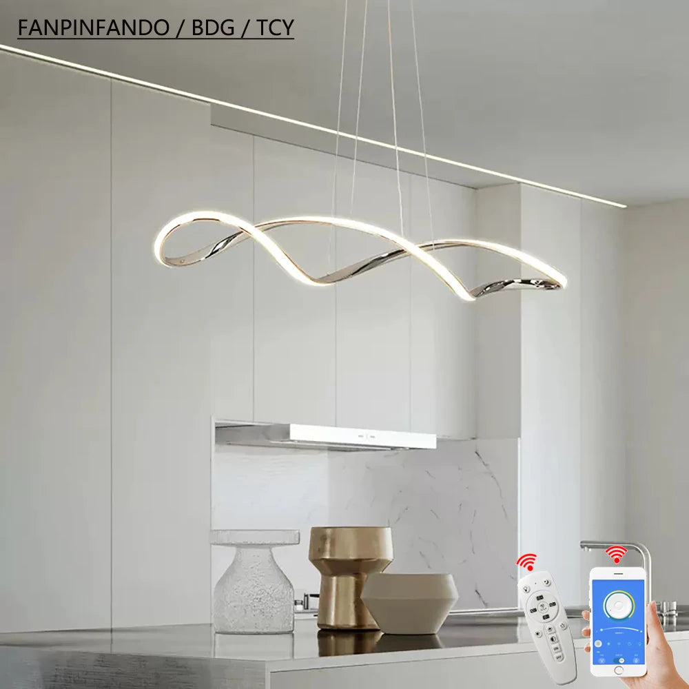 Modern pendant light for dining room, Dimmable kitchen island Chandelier, Gold/Chrome/Black pendant ceiling light,L92cm W/remote