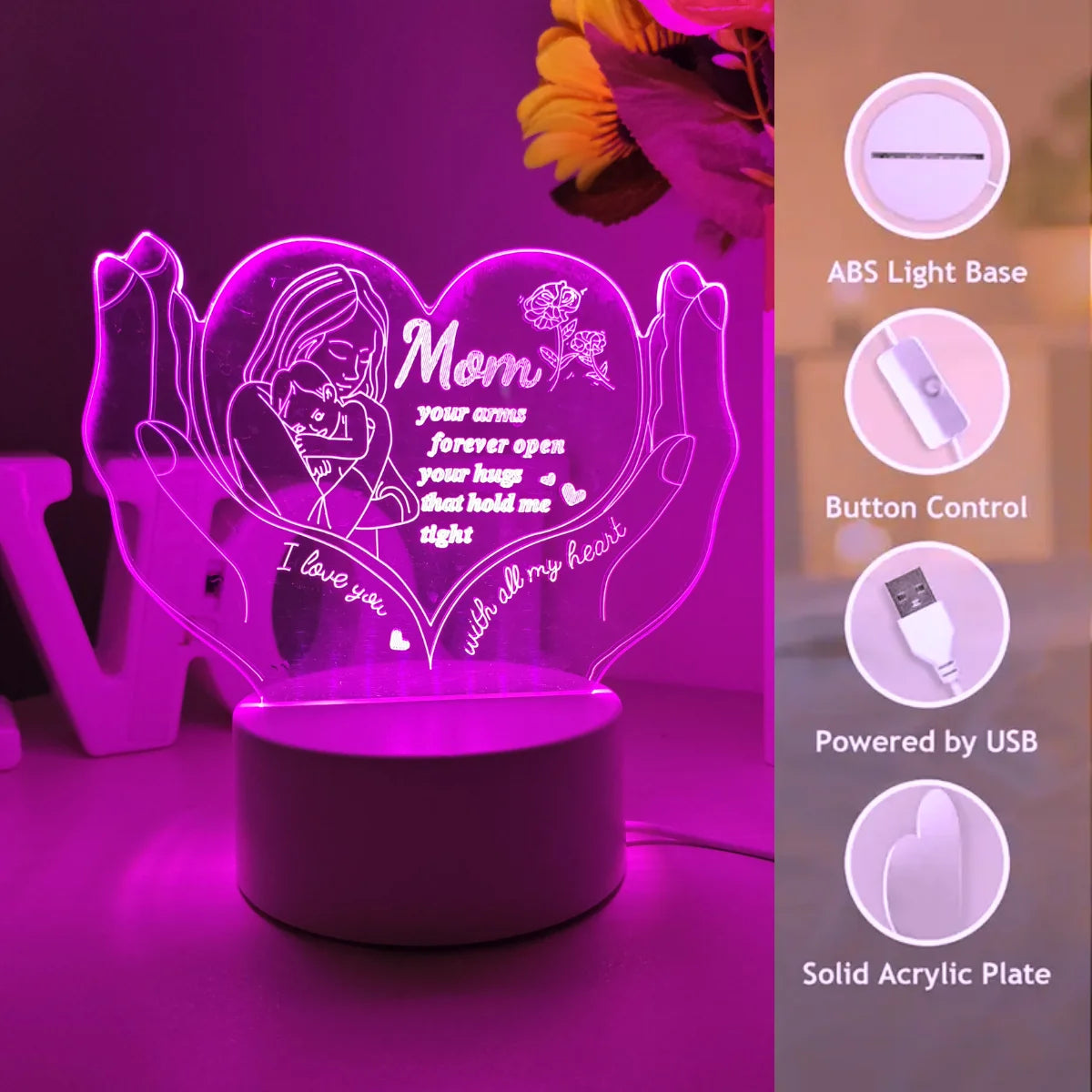 3D Creative Heart-Shaped Letter Night Light - Mother's Day Gift Lamp & Decorative Small LED Table Light for Mom