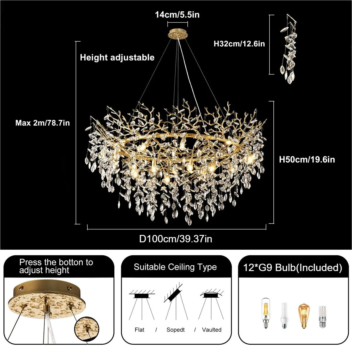 Retro K9 Crystal Tree Branch Chandelier - Modern LED Pendant Light Fixture for Villa Lobby, Foyer, Living Room & Weddings