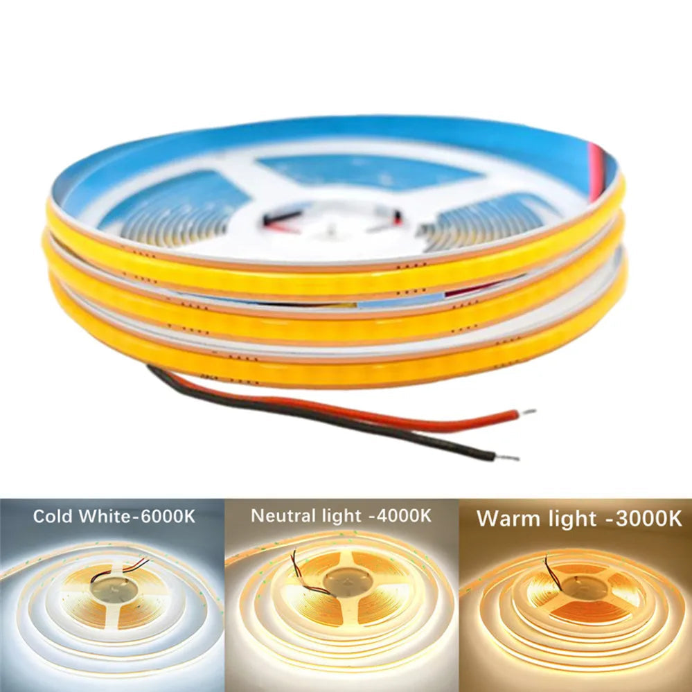 DC 12V/24V High-Density 8mm COB LED Strip Light (400/528 LEDs/m, Cuttable) - Flexible Seamless Tape Light for Indoor Home Decor (0.5m–10m)