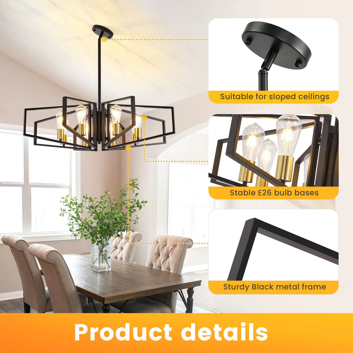 Modern 8-Light Geometric Chandelier - Black & Gold Metal Pendant Light