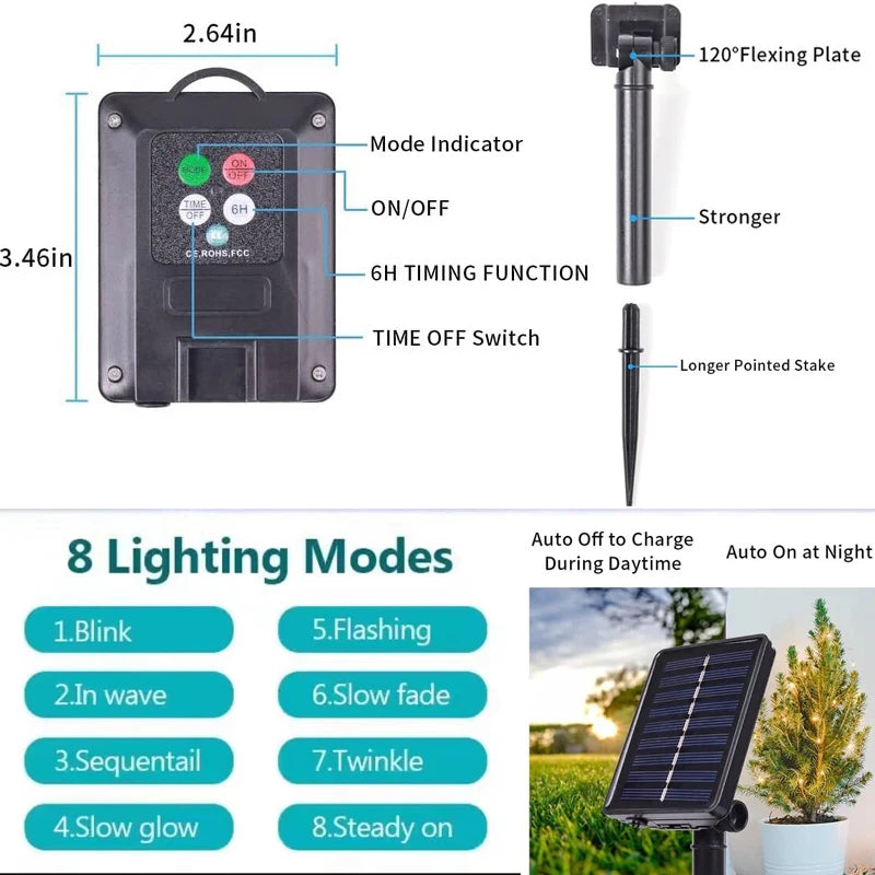 Solar String Lights with 8 Modes & Timer - IP65 Waterproof Outdoor Fairy Lights for Garden & Christmas Tree Decor