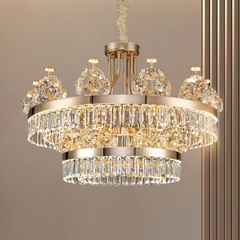 Building Home Atmosphere Living Room Postmodern Light Luxury Double-Layer Crystal Chandelier Villa Building Duplex Pendant Light