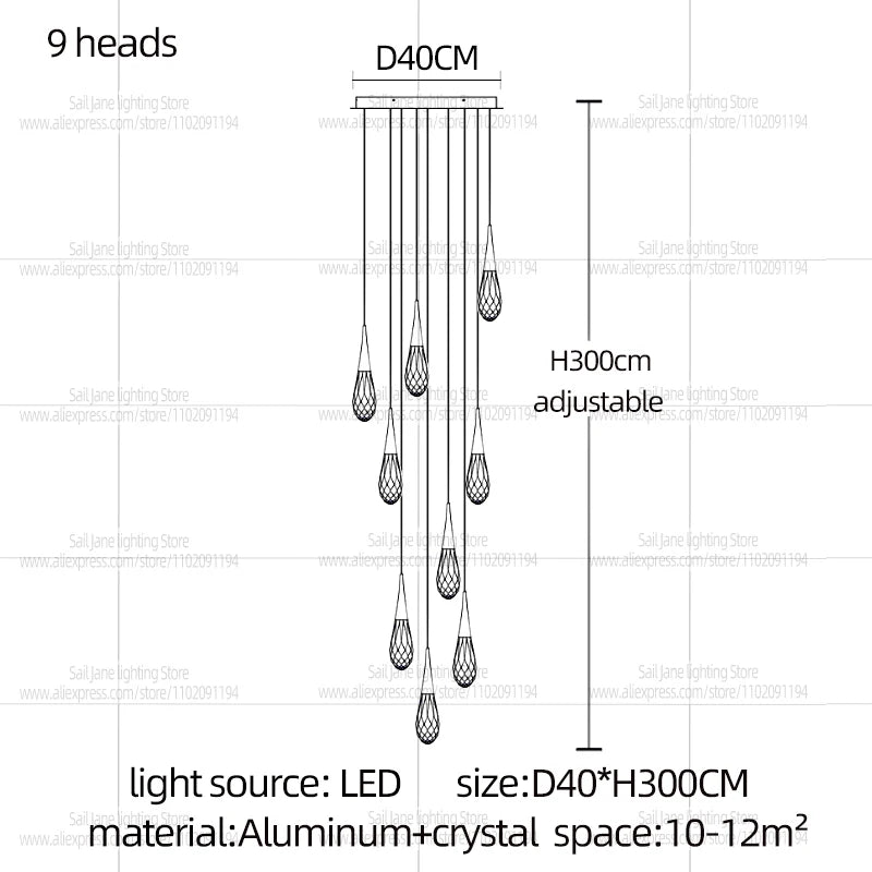Modern Luxury Crystal Chandelier Hanging Staircas Water Droplet Pendent Lamp Villa Living Room Ceiling Light Attic Pendant Light