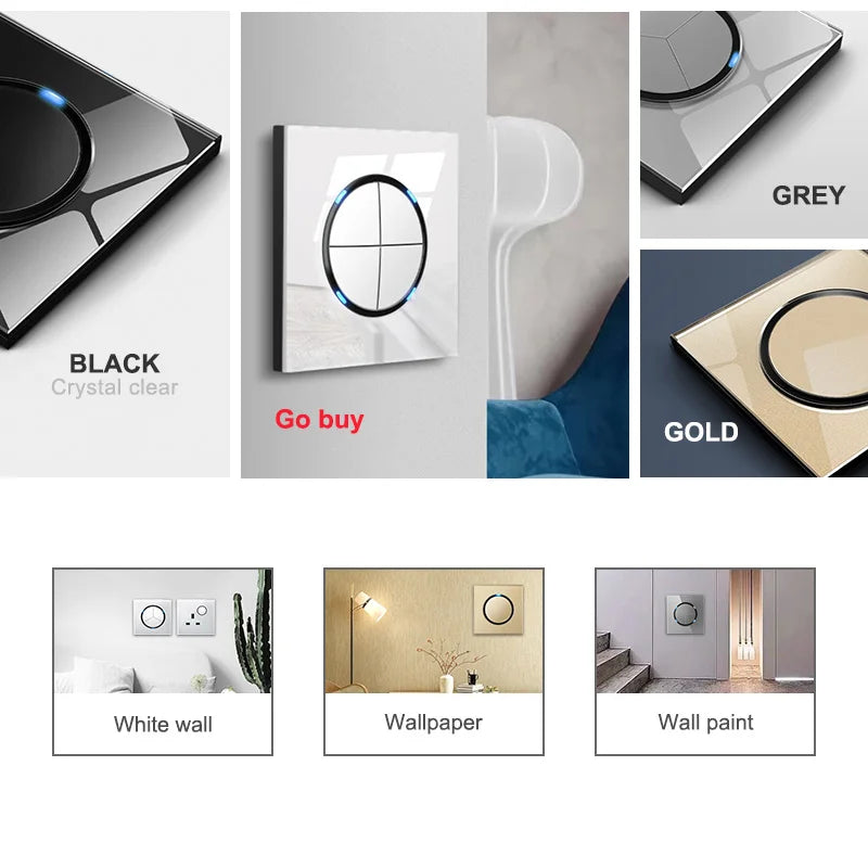  Universal Round Tempered Glass Home Wall Switch Panel LED Indicator Black/Grey/Gold/White 250V 86mm*86mm Wall Light Switch