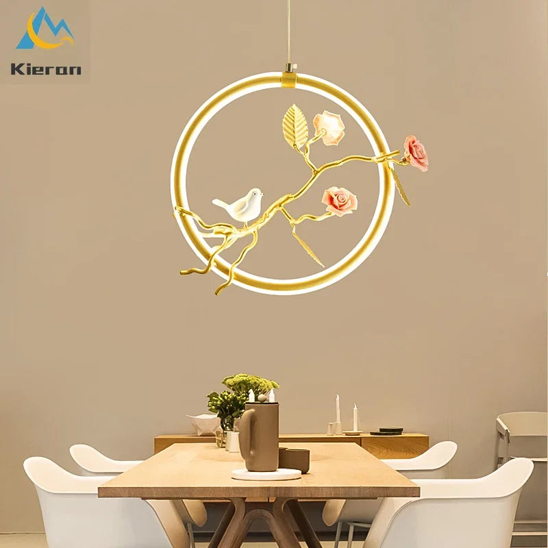 Modern Simple Bird LED Chandelier Bedroom Study Bedside Dining Room Flower Pendant Lights Living Room Decor Wreath Pendant Lamps