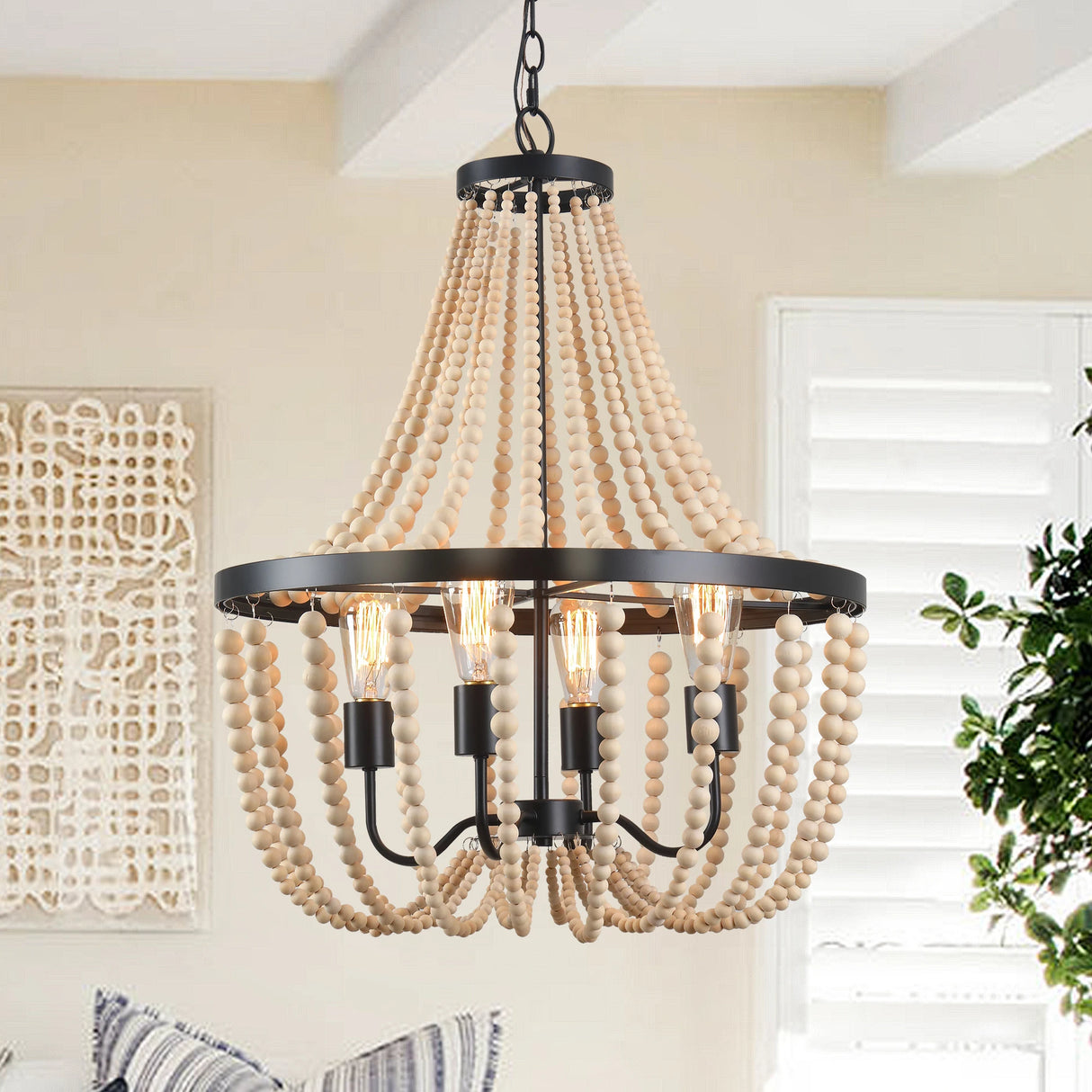 Modern Boho Wood Bead Chandelier Classic Dimmable High Ceilings Chandeliers With Matt Black Finished For Bedroom Hall