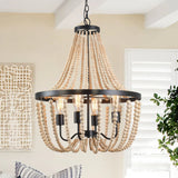 Modern Boho Wood Bead Chandelier Classic Dimmable High Ceilings Chandeliers With Matt Black Finished For Bedroom Hall