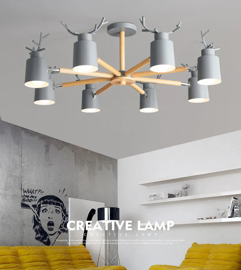 Log chandelier living room bedroom ceiling pendant light fixtures kitchen ceiling lighting deer design e27 light