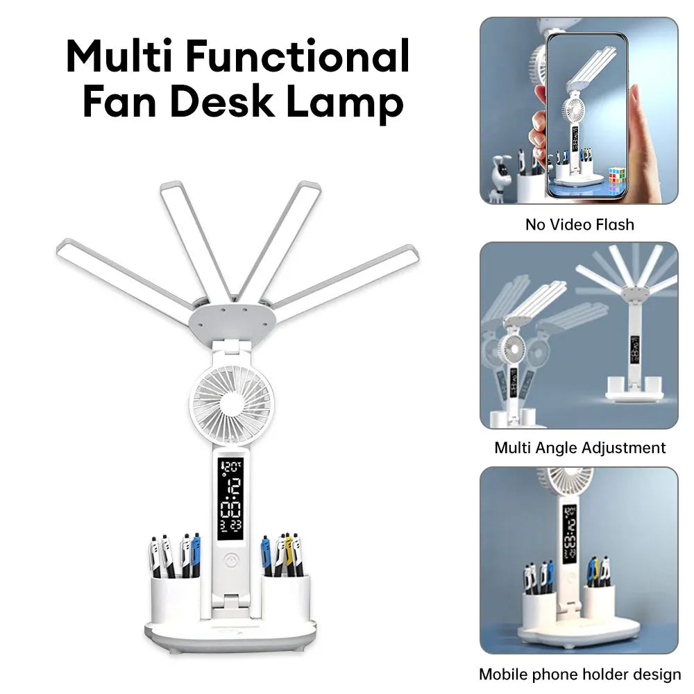 3in1 Multifunction Table Lamp LED Four-headed Folding With Fan Calendar Clock USB Rechargeable Desk light 3 color Reading Lamp