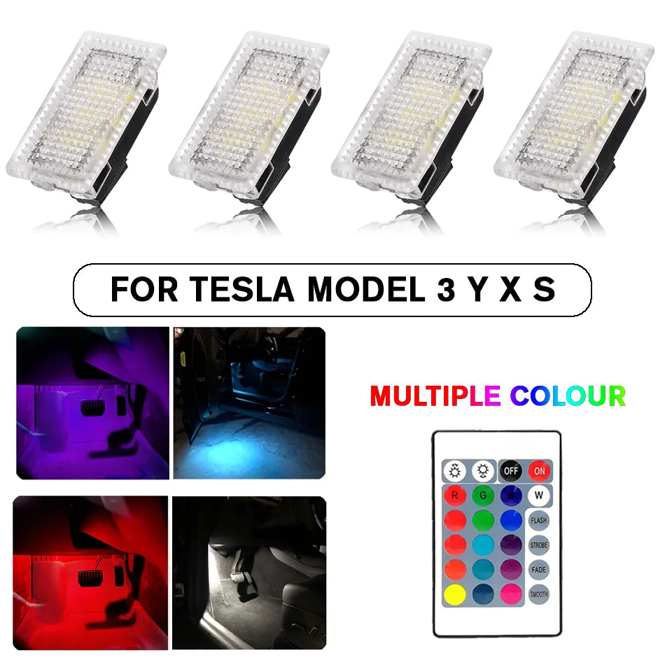 Tesla's interior with a remote-controlled RGB light kit, including a trunk lamp and atmosphere projector.