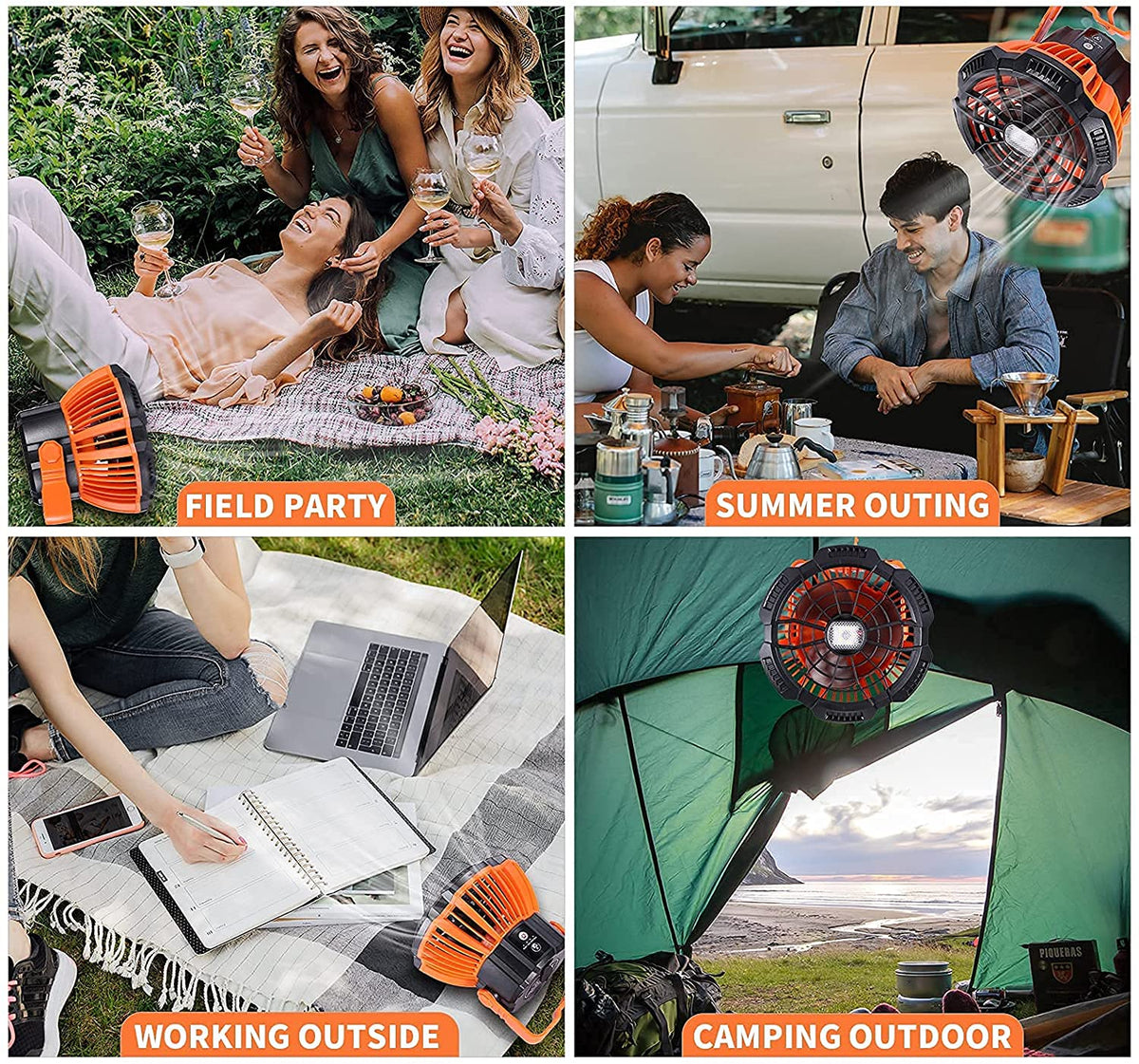 D2 Portable Camping Fishing Fan 2 in 1 LED Lamp Flashlight 3-Speed Outdoor USB Rechargeable Tent Fan Hanging Hook Torch Lantern