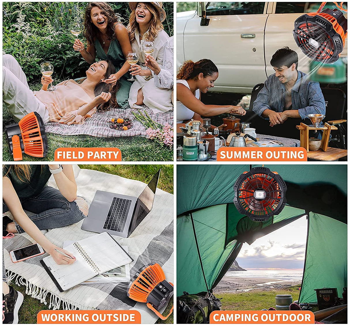 E2 Portable Camping Fishing Fan 2 in 1 LED Lamp Flashlight 3-Speed Outdoor USB Rechargeable Tent Fan Hanging Hook Torch Lantern