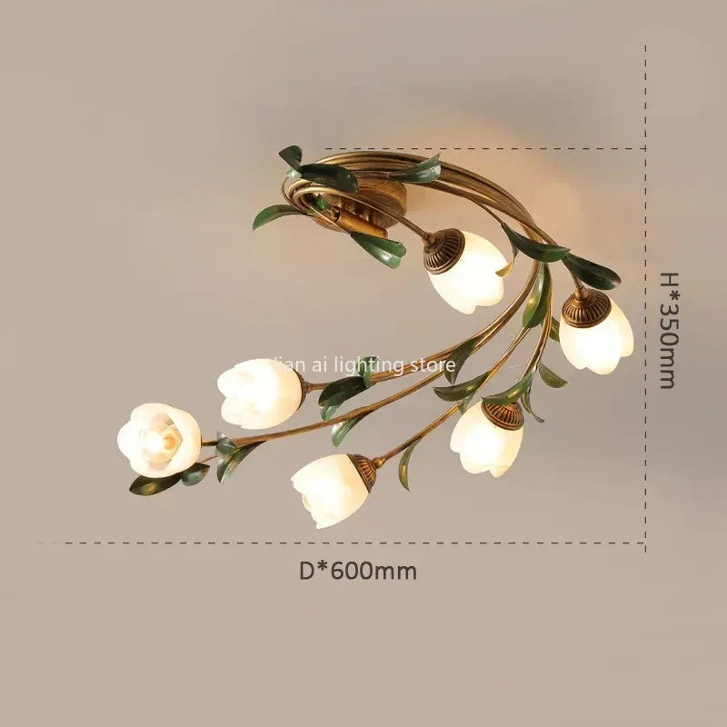 Romantic American Retro Countryside Flower LED Ceiling Light Nordic Designer Wrought Iron Glass Living Room Decoration