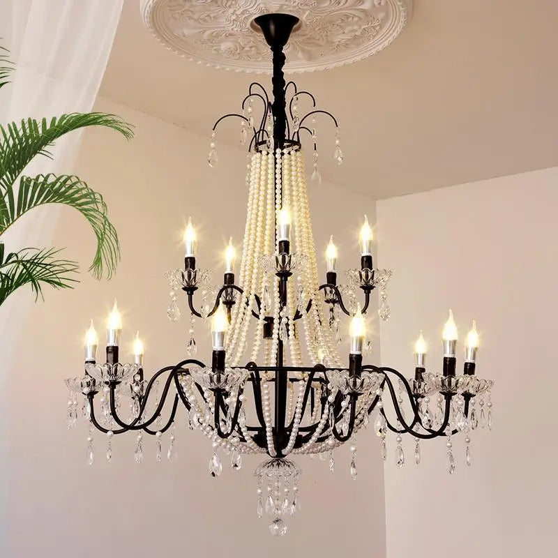 American Black Candle LED Chandelier - Luxury Crystal Pendant for Stairs
