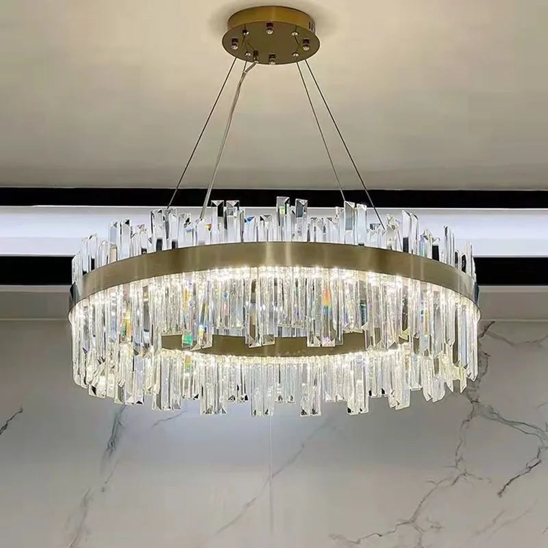 Luxury Double-Layer Round Crystal Chandelier (Golden Finish) - Modern Tiered Ceiling Pendant Light Fixture for Living Room, Bedroom & Dining Room