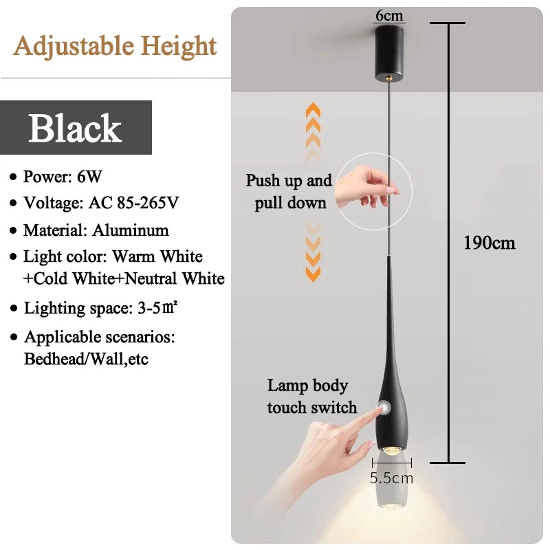 LED Pendant Light 6W Adjustable Height Touch Switch Modern Minimalist Creative Design Chandelier for Bedroom Bedside Bar