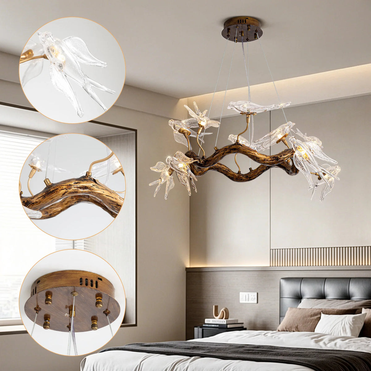 Luxury Glass Bird Chandelier (Designer Swallow Pendant Light) - Modern Decorative Hanging Ceiling Lamp Fixture for Living Room & Dining Room