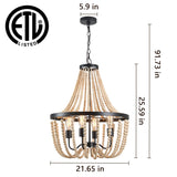 Modern Boho Wood Bead Chandelier Classic Dimmable High Ceilings Chandeliers With Matt Black Finished For Bedroom Hall